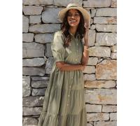 Threadbare Threadbare Green 100% Cotton Short Sleeve Collared Broderie Maxi Shirt Dress Green 14
