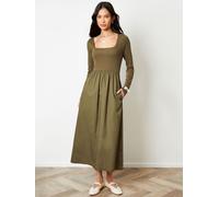 Threadbare Threadbare Green 2-In-1 Jersey Poplin Mix Square Neck Long Sleeve Dress Green EU 36 (UK 8)