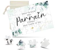Threan Set de Cadeau pour Parrain en Bois Puzzle d'Annonce de Parrain avec Sac à Cordon en Toile pour Baptême