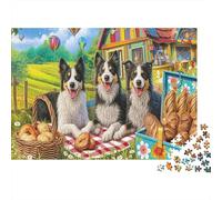 Three Border Collies at Picnic with Bread in Meadow Puzzle Défiant Éducatif 1000 Pièces, Pet pour Adultes, Décoration Maison Et Cadeau Parfait 38x26cm/1000pcs