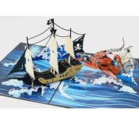 Three Dee Cards - Carte pop-up 3D Epic Pirate Ship contre Kraken : fête des pères pour papa, anniversaire pour lui, fils, mari, garçon, homme, petit ami, beau-frère, oncle