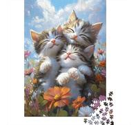 Three Kittens in Flowers Puzzle Adulte 1000 Pièces, 70x50cm/1000pcs, Pièces Blanches avec Peu De Poussière; Moment Tranquille Autour De La Table