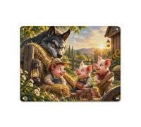 Three Little Pigs Wolf Hay Plaque Métal Décorative 30x40cm | Décorez le bureau avec des plaques métalliques décoratives comme accent mural.
