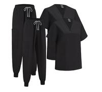 ThreeH Ensemble de Blouses pour Femmes Top Extensible à col en V et Pantalon de Jogging avec 6 Poches pour Le Salon de Beauté et l'animalerie Paquet de 2