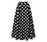 ThreeH Jupes décontractées pour Femmes Jupes Maxi Balançoire A-Line à Taille Haute avec imprimé à Pois pour la fête et Le Voyage,Noir