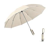 ThreeH Parapluie inversé automatique coupe-vent 10 baleines en fibre de verre avec bande réfléchissante et poignée à mousqueton Protection UV pour homme et femme Beige