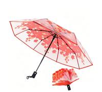 ThreeH Parapluie pliable transparent à ouverture et fermeture automatique avec motif feuilles, Rouge