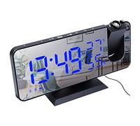 ThreeH Radio-réveil à Projection Radio-réveil Numérique 4 Gradateurs et Rotatif à 180 ° et 2 Sons 7.4 '' Grand écran Miroir Noir-Bleu