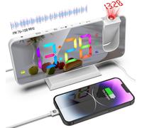 ThreeH Radio Réveil avec Projection Numérique RGB Horloge Colorée pour Chambre Double Alarme USB Chargeur Port Snooze Grand Miroir Écran Affichage Blanc
