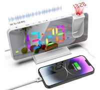 ThreeH Radio Réveil avec Projection Numérique RGB Horloge Colorée pour Chambre Double Alarme USB Chargeur Port Snooze Grand Miroir Écran Affichage Blanc