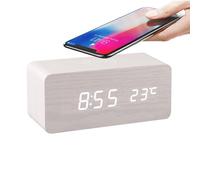 ThreeH Réveil charge sans fil : design bois, luminosité réglable, affichage LED Date - Idéal table de chevet / bureau