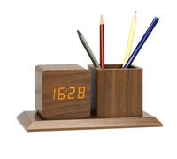 ThreeH Réveil en Bois avec Porte Stylo Organiseur Bureau Affichage de la Date, de l'heure Température 3 Réglages d'alarme Luminosité Réglable Marron
