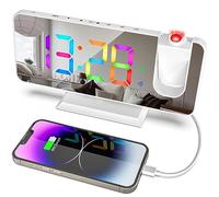 ThreeH Réveil Numérique à Projection pour la Chambre à Coucher Réveil Dynamique RGB avec Miroir LED Affichage Chargeur USB Double Alarme Chambre à Coucher Bureau Décoration Blanc