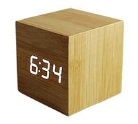 ThreeH Réveil numérique,Cube Moderne en Bois Design avec Contrôle du Son PLUIESOLEIL LED Horloge de Bureau Décorez Votre Maison et Le Bureau,Alimenté par USB ou Batterie AC10 Jaune Blanc