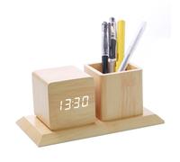 ThreeH Réveil Numérique en Bois avec Support à Crayons Affichage de l'heure 3 Réglages d'alarme Contrôle du Son Horloge avec 3 Niveaux Luminosité Jaune