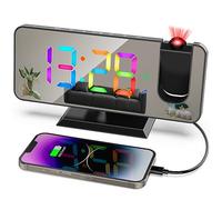 ThreeH Réveil par Projection avec Affichage Miroir LED 11 Couleurs Changeantes RGB Horloge Numérique avec Port Charge USB Fonction Snooze 6 Niveaux Luminosité Ajustables Noir
