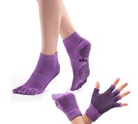 ThreeH Yoga Chaussettes et Gants Ensemble Non-slip pour Femmes Yoga Danse et Pilates avec Orteils Violet Taille4.5-7