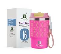 ThreeRs Série Art Deo - Gobelet à café de voyage isotherme avec paille anti-fuite, double paroi en acier inoxydable 304 pour boissons chaudes et froides, 480 ml, rose