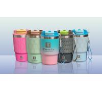ThreeRs Série Art Deo - Gobelet à café de voyage isotherme avec paille anti-fuite, double paroi en acier inoxydable 304 pour boissons chaudes et froides, 480 ml (pastel)