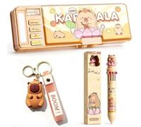 ThrenodyToy Trousse Capybara à Code Secret + Stylo 12 Couleurs + Porte-clés, Trousse à Crayons Multifonction, Set de Papeterie Kawaii Cadeau pour Filles et garçons