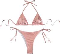 THSCWY Bikini métallique dos nu pour femme - Deux pièces - Bikini triangle à nouer sur les côtés avec rembourrage - Champagne - Taille S