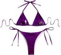 THSCWY Bikini métallique dos nu pour femme - Deux pièces - Bikini triangle à nouer sur les côtés avec rembourrage - Violet - Taille S