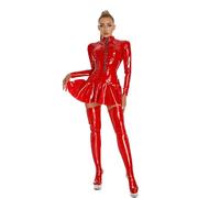 THSCWY Robe mini pour femme en latex avec fermeture éclair à manches longues, en similicuir, col officier, ajustée, rouge, M