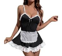 THSCWY Women’s Sexy French Maid Uniform Cosplay Costume Sexy Naughty Lingerie Set Lace Trim Lolita Apron Maid Roleplay Outfit Black Medium