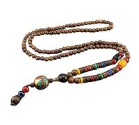 THTHT Pull Fait Main Vintage Long Collier Ethnique Chaîne Sculpture Sur Bois Naturel Perles Rondes Népalais Bohemian Unisexe Simple Perlées Minimaliste Vêtements Accessoires