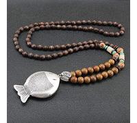 THTHT Pull Fait Main Vintage Long Collier Ethnique Chaîne Sculpture sur Bois Naturel Poisson en Alliage Bohemian Unisexe Simple Perlées Minimaliste Vêtements Accessoires