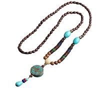 THTHT Vintage En Perles Long Collier Chaîne Chandail Sculpture Sur Bois Naturel Ethnique Blue Mantra De Six Caractères Bohemian Unisexe Simple Vêtements Accessoires