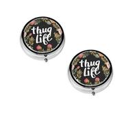 Thug Life Flowers - Boîte à pilules ronde portable - Organiseur de pilules rond élégant pour compartiments de voyage, cadeau pour la gestion des médicaments