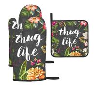 Thug Life Lot de 3 gants de cuisine résistants à la chaleur, gants de cuisine antidérapants et imperméables, dessous de plat pour pâtisserie, barbecue, isolation thermique, coussinets chauds