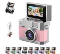Thumb-Sized Flip Screen Mini Camera, Digital Retro Ccd High-Definition Portable Small Camera, 180° Flip Screen, Multi-Style Beauty Filters, for Travel Party Vlog (Pink,with 64G Card)