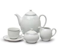 Thun 1794 Opal, service à café, porcelaine, dentelle blanche, bord gris, Thun, 15 pièces