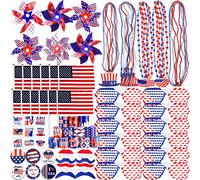 Thuodo Lot de 156 accessoires pour fête patriotique du 4 juillet - Drapeaux américains - Lunettes - Bracelets Slap - Moulins à vent - Autocollants de tatouage - Broches et barbes - Colliers pour le