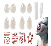 THXFUNAREA 4 Paires Dents de Vampire Cosplay Halloween+ 4 feuilles de tatouages d'Halloween,Dent de vampire Crocs de Vampire avec Perles Adhésives, Prothèses Dentaires 4 Tailles 13/15/17/19mm