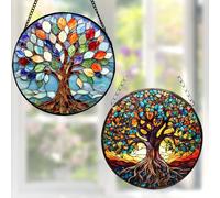 THXFUNAREA Lot de 2 Attrape-Soleil Arbre de Vie Coloré à Suspendre, Décoration Fenêtre Style Vitrail, Suncatcher Rond Multicolore en Acrylique, Décoration Murale pour Salon Chambre Jardin