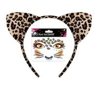 THXFUNAREA Serre-Têtes en Imprimé Léopard+autocollant visage festival, Bandeau Oreilles de Léopard pour Cosplay Halloween Carnaval Accessoire de Déguisement Serre-Tête Oreilles de Léopard