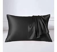 THXSILK 22 Momme Taie d'oreiller en soie pour cheveux et peau - soie de mûrier - hypoallergénique avec fermeture Éclair dissimulée - Pure soie sur les deux côtés, Soie, Noir , 50x75cm