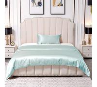 THXSILK Parure de lit en soie 25 momme - 2 pièces - Housse de couette 155 x 220 cm et taies d'oreiller 40 x 80 cm - Hypoallergénique - En soie de mûrier - Ultra douce et lisse - Bleu clair