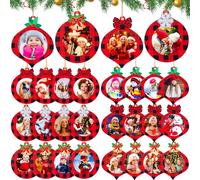 Thyle Lot de 24 cadres photo de Noël en bois à carreaux de buffle - Décoration pour sapin de Noël - Fournitures de décoration de fête (rouge, noir)