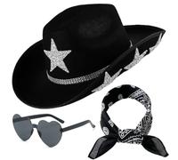 Thyrhntr Chapeau de cowgirl pour homme et femme - Chapeau de cowboy occidental à paillettes et strass avec lunettes de soleil bandanas (États-Unis, Alpha, taille unique, standard, noir)