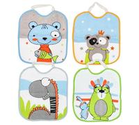 Ti TIN | Lot de 4 Bavoirs Éponge Imprimé Imperméable | 23x28 cm | 90% Coton 10% polyester | Bavoirs pour Bébés de 6 à 12 mois | Fermeture Élastique | Doublure Vinyle | Motif Animaux | 320gr/m²