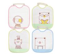 Ti Tin Lot de 4 bavoirs imperméables pour bébé Dimensions : 23 x 28 cm. Composition : 73% coton, 27% polyester, doublure vinyle, lot de 4 bavoirs avec fermeture en caoutchouc.