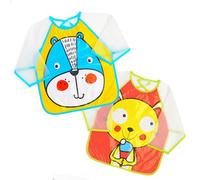Ti TIN | Lot de 4 Tabliers Respirant et Imperméables, 33x65 cm | Plastique Laminé - Bavoirs Bébés avec Manches de 9 à 12 mois - Fermeture avec Scratch - Motif Animaux - Multicolore