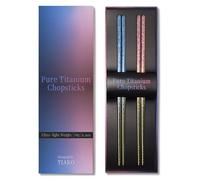 TIAKO Lot de 2 Paires de Baguettes en Titane Pur à 99,8% - Couleurs Bleu et Rose - Fini Anodisé - Coffret Cadeau de Luxe - Idéal pour Mariage, Anniversaire, Crémaillère et Usage Quotidien