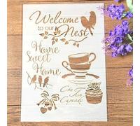 TIAMECH Pochoir réutilisable A4 pour peinture - Motif oiseaux et café - Mots - Desserts - Art mural, meubles en bois, scrapbooking et travaux manuels (21,1 x 29,7 cm)