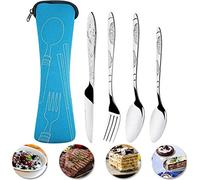 Tianbi 4Pcs Ensemble de Couverts Couverts en Acier Inoxydable Martelé Couverts de Table Portable Léger Et pour La Maison/Bureau/Fête/Camping (Bleu)
