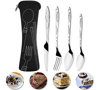 Tianbi 4Pcs Ensemble de Couverts Couverts en Acier Inoxydable Martelé Couverts de Table Portable Léger Et pour La Maison/Bureau/Fête/Camping (Noir)